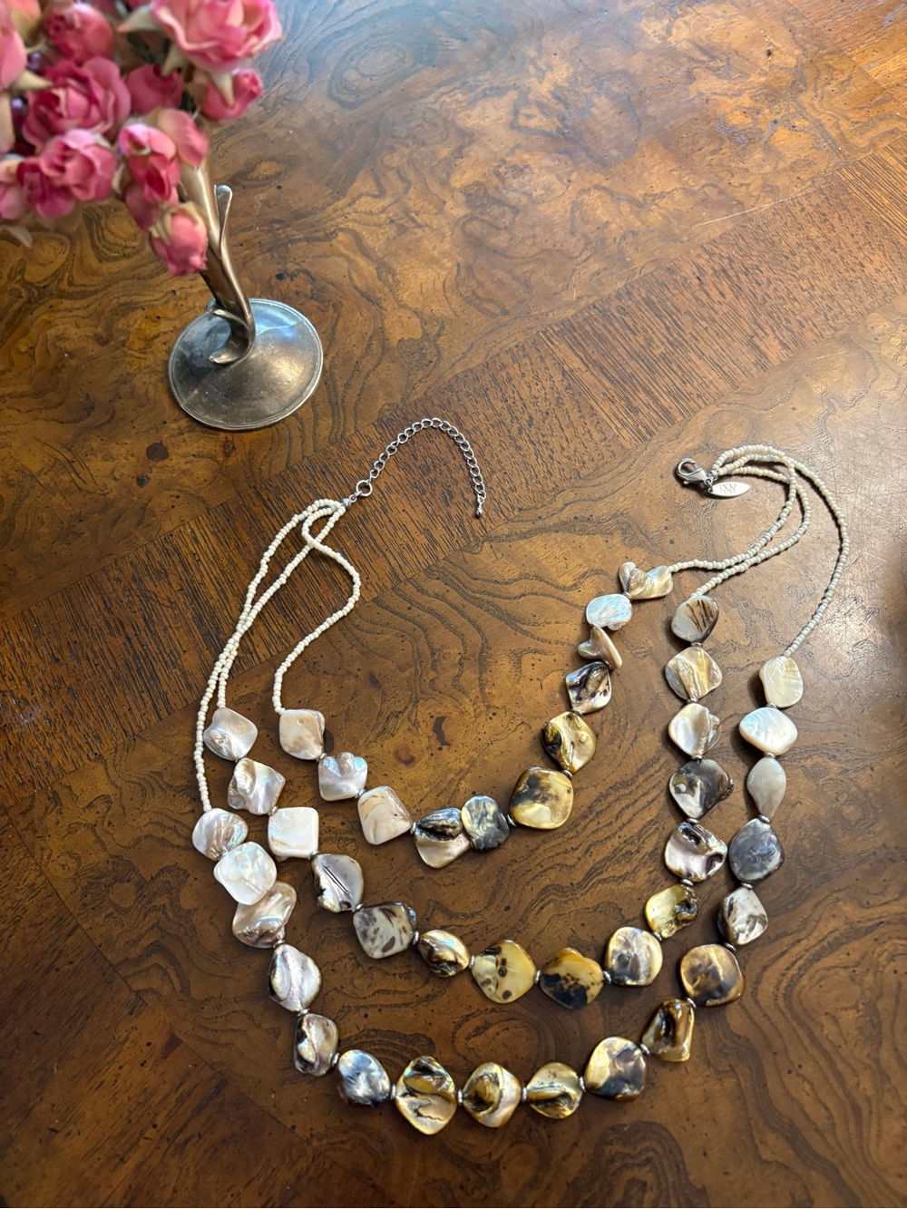 Pearl Shell Multistrand Necklace - Iridescent White & Gold
